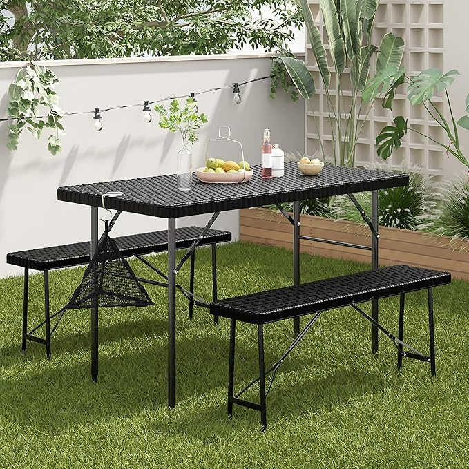 VECELO 3 Piece Folding Picnic Table with 2 Benches, 47.2" Faux Rattan Patio Set with Mesh Bag, Heat-Resistant & Waterproof, for Indoor Outdoor Use, Matte Black