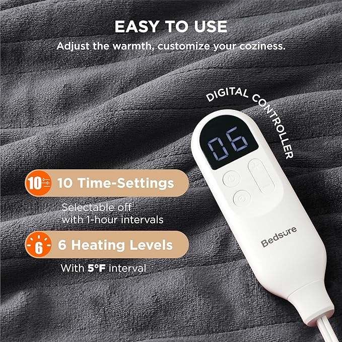 Bedsure Electric Blanket Twin - Soft Flannel Heated Blanket, Fast Heating with 10 Time Settings & 6 Heat Settings, Warm Gift for Grandma (62x84 inches, Dark Grey)