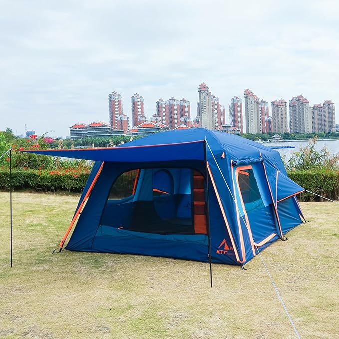 KTT Extra Large Tent 6-10-12-14 Person(B),Family Cabin Tents,2 Rooms,3 Doors and 3 Windows with Mesh,Straight Wall,Waterproof,Double Layer,Big Tent for Outdoor,Picnic,Camping,Family Gathering