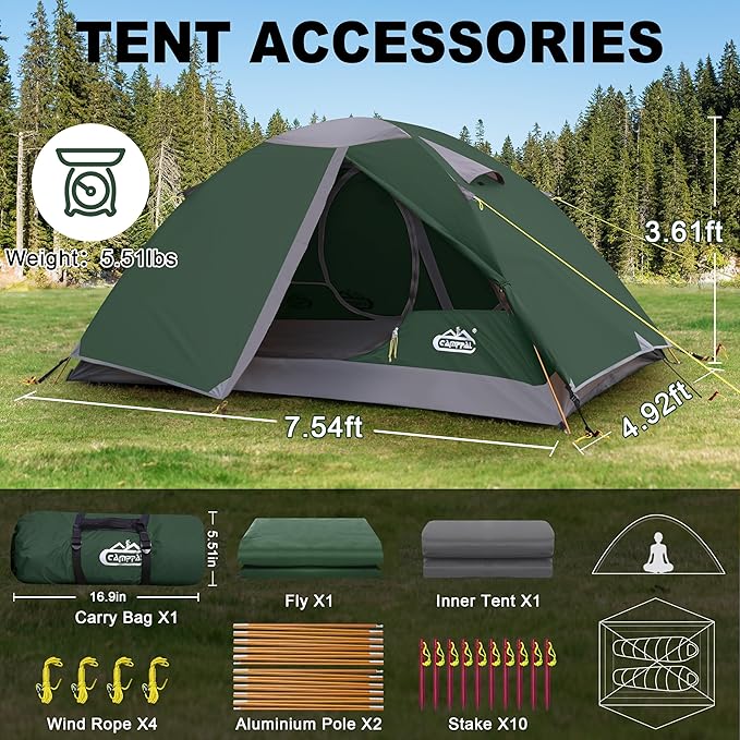 2 Person Backpacking Tent, Waterproof Windproof Two Person Tent, Lightweight Easy Setup 2 Man Tent for Camping Hiking Cycling