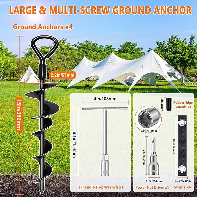 Ground Anchors Screw in 15 Inch, 4Pack Tent Stakes Heavy Duty with T-Handle Hex Wrench and Power Nut Driver