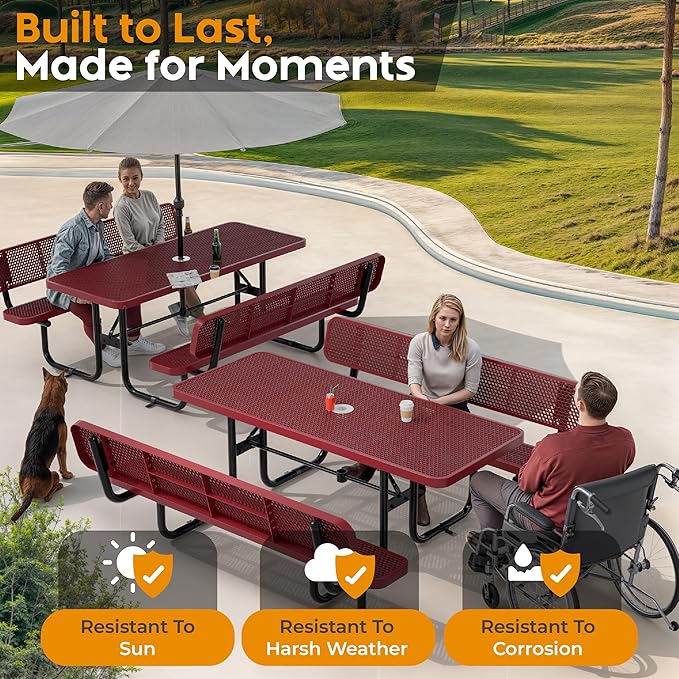 Metal Picnic Furniture for Outdoors with Umbrella Hole - Coated Steel Heavy Duty Commercial Grade Table with Adjustable Seats, Patio Set for a Lifetime (Red, 6' Rectangular with Back)
