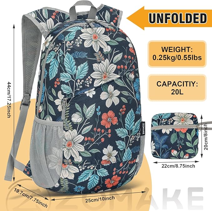 ZOMAKE Lightweight Packable Backpack,Foldable Backpacks Small Daypack for Hiking Water Resistant Day Bag for Travel(Navy blue,Floral pattern)