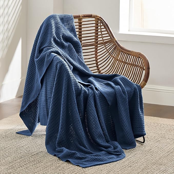 Bedsure Gentlesoft 100% Cotton Blanket Twin XL Size for College Dorm - Breathable and Soft, Waffle Weave Twin Blanket for Summer, Dorm Room Essentials, Navy, 66x90 inches