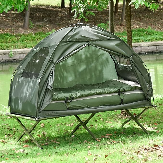 Person Foldable Camping Cot with Tent, Bedspread and Thick Air Mattress, 4-in-1 Elevated Camping Bed Tent for Outdoor Hiking, Picnic, Travel