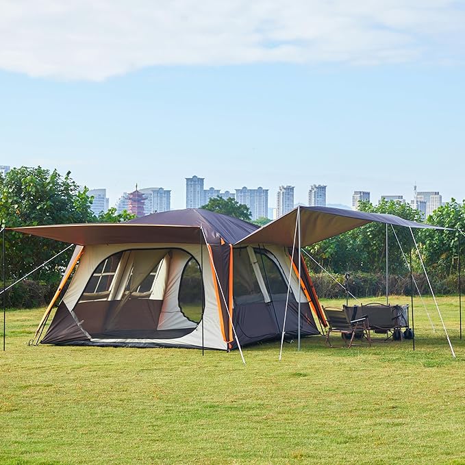 KTT Extra Large Tent 12 Person(A),Awning Family Cabin Tents,2 Rooms,4 Doors and 4 Windows with Mesh,Straight Wall,Waterproof,Double Layer,Big Tent for Outdoor,Picnic,Camping,Family Gathering。