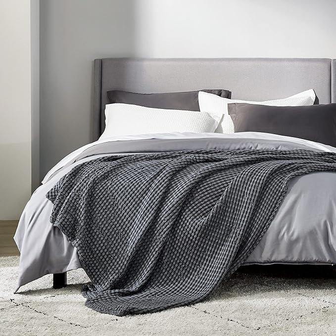 Bedsure Cooling Cotton Waffle Queen Size Blanket - Lightweight Breathable Summer Blanket of Rayon Derived from Bamboo for Hot Sleepers, Luxury Throws for Bed, Couch and Sofa, Dark Grey, 90x90 Inches