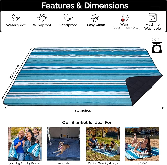 BRAWNTIDE Large Outdoor Waterproof Blanket - Extra Thick Fleece, Warm, Windproof, Sandproof, Quilted, 82" x 55", Ideal for Beaches, Picnics, Camping, Stadiums, Dogs, Car