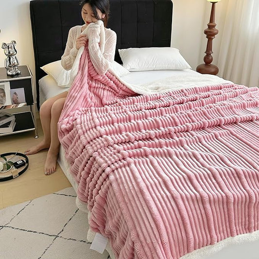 UKELER Sherpa Throw Blankets 60 × 80 inch, 470 GSM Striped Sherpa Fleece Blanket for All Season, Warm and Cozy Blanket for Couch Sofa Bed Office Camping, Pink