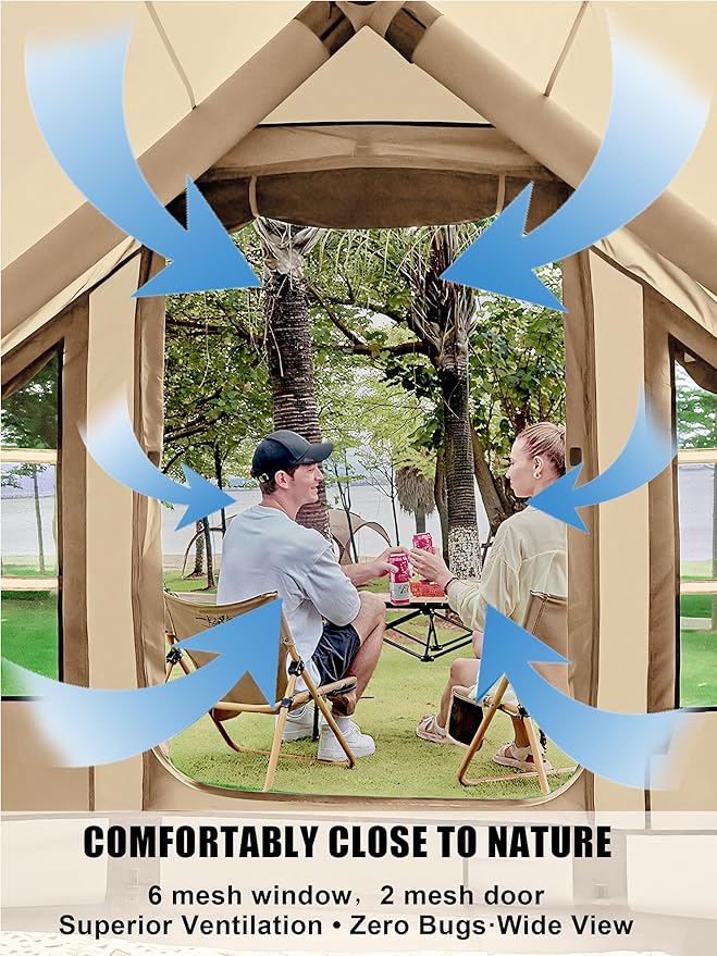 Inflatable Tents with Hand Pump Hot Tent with Stove Jack Easy Blow Up Glamping Tent with Mesh Windows, 4-6 Person Instant Family Camping Tents Waterproof for 4 Seasons