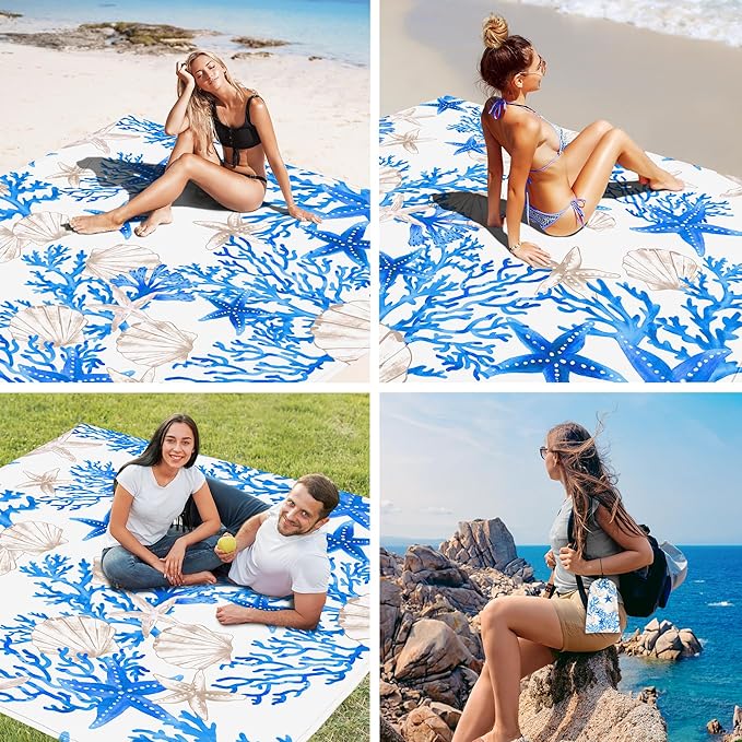 Beach Blanket Sandproof, 78”x 86” Large Waterproof Sand Free Beach Mat with 4 Stakes, Big Compact Lightweight Blue Outdoor Accessories for Beach, Picnic, Camping, Summer Vacation