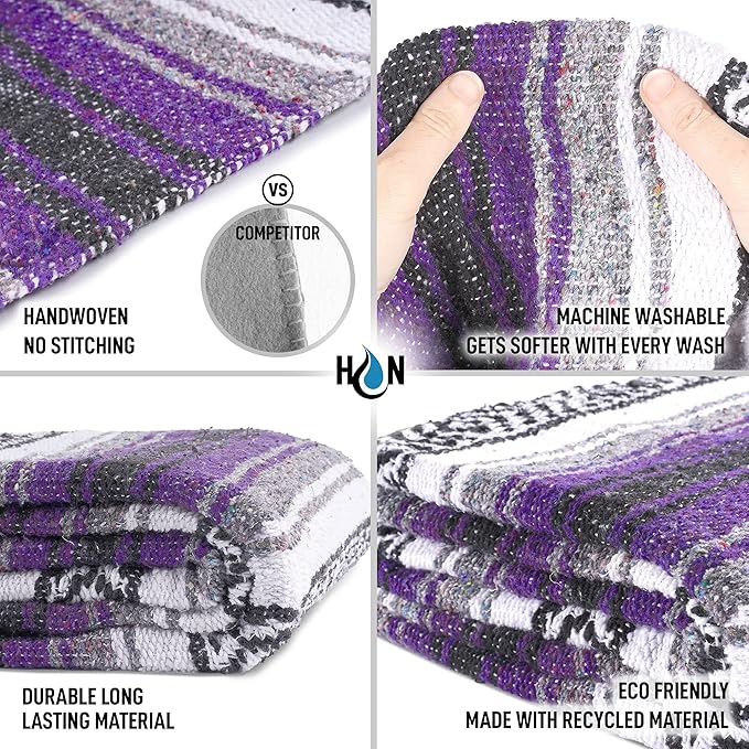 Hydration Nation Authentic Extra Large Mexican Blanket (70"x50") - Handwoven Yoga, Serape - Artisanal Falsa, Beach, Camping, Picnic, Outdoor (Purple)