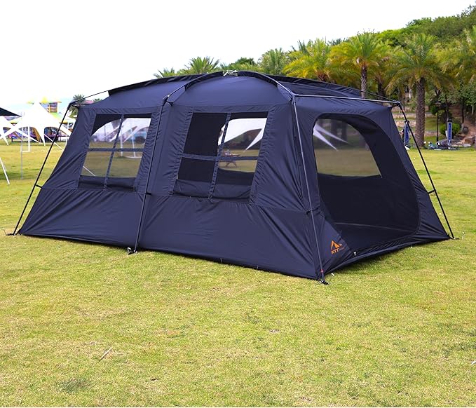 KTT Extra Large Tent 12 Person(A),Awning Family Cabin Tents,2 Rooms,4 Doors and 4 Windows with Mesh,Straight Wall,Waterproof,Double Layer,Big Tent for Outdoor,Picnic,Camping,Family Gathering。