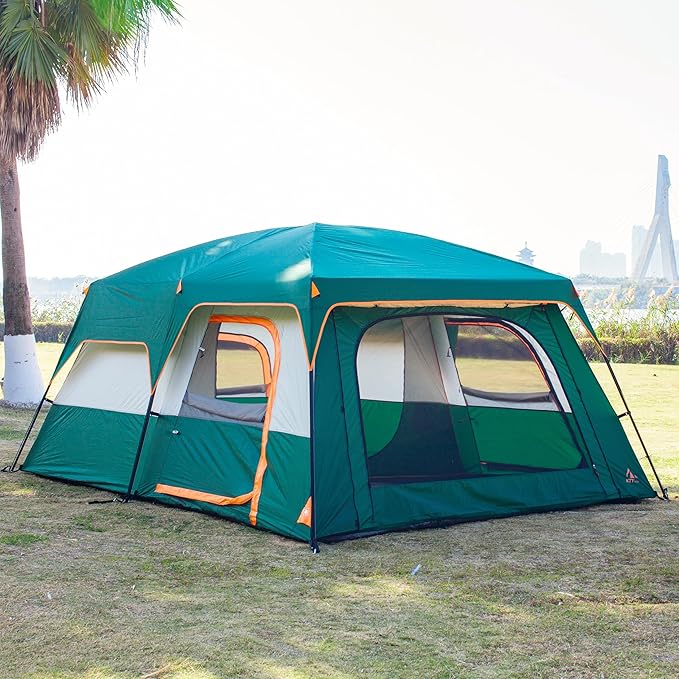 KTT Extra Large Tent 6-10-12-14 Person(B),Family Cabin Tents,2 Rooms,3 Doors and 3 Windows with Mesh,Straight Wall,Waterproof,Double Layer,Big Tent for Outdoor,Picnic,Camping,Family Gathering
