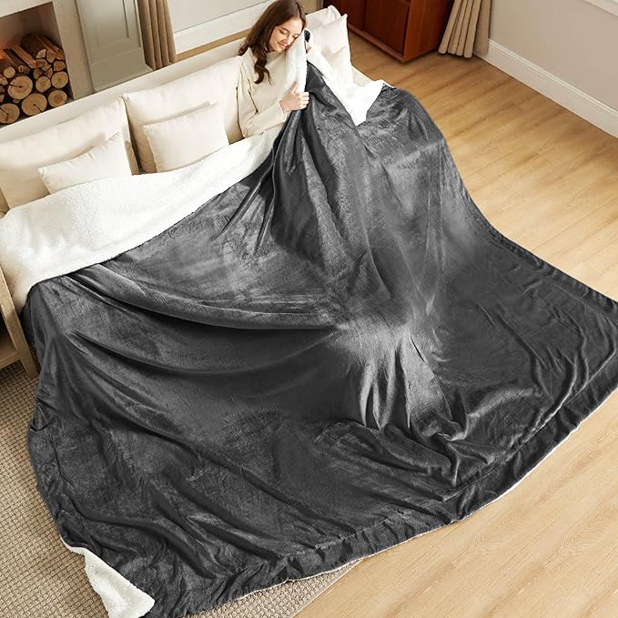 Bedsure GentleSoft Sherpa Fleece Oversized Cal King Blankets for Bed - Thick and Warm, Soft Fuzzy Plush Large Blanket for Winter, Charcoal, 112x98 Inches