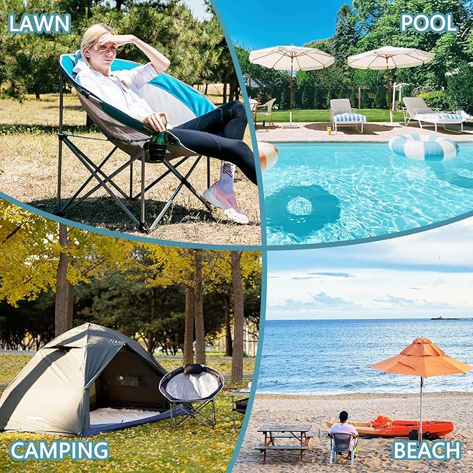 #WEJOY Folding Camping Chair Oversized Moon Chairs for Adult Support Up to 300lbs Mesh Saucer Chairs with Headrest and Cup Holder for Camping,Lawn,Hiking,Picnic,Sports(Cyan/Grey)