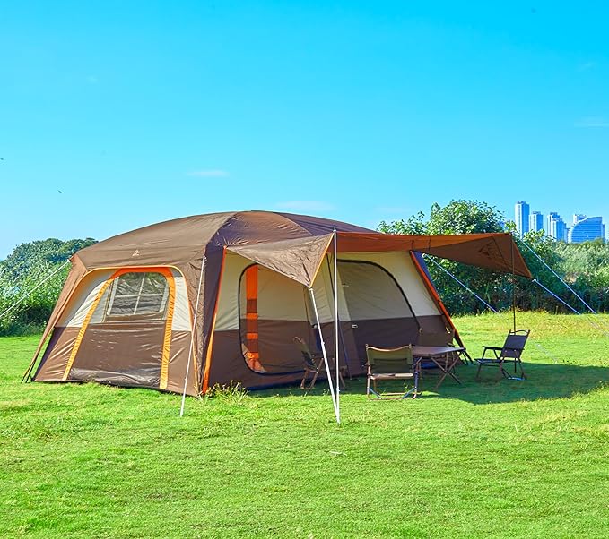 KTT Extra Large Tent 12-14 Person,Family Cabin Tents,2 Rooms,Straight Wall,2 Doors 4 Windows with Mesh,Waterproof,Straight Wall,Big Tent for Outdoor,Picnic,Camping,Gathering(Brown)