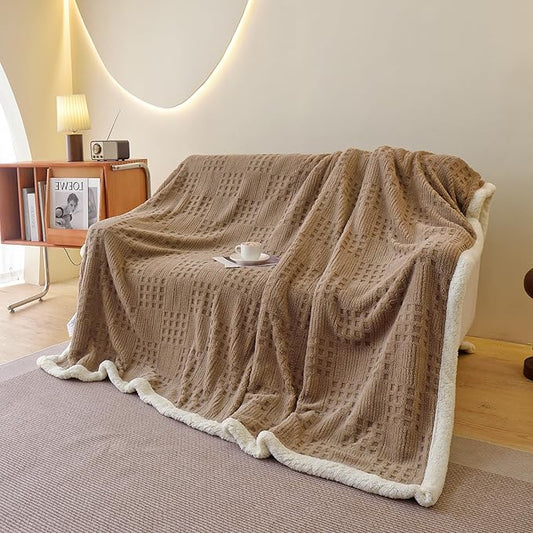 UKELER Sherpa Fleece Blankets 60 × 80 inch, Ultra Soft Twin Size Throw Blanket for All Season, Cozy Plush Plaid Blanket for Bed Couch Sofa Office Camping, Coffee