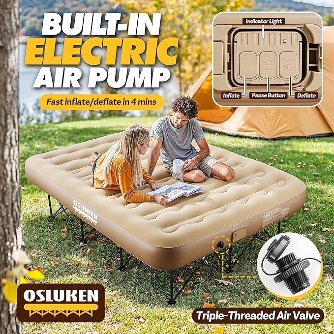 Queen Air Mattress with Frame & Built in Pump, 500 LBS Self Inflating Air Bed, Blow Up Bed Camping Cot with Mattress for Adults, Portable Inflatable Bed for Guest, Travel, 80" x 60" x 9", 25" Raised