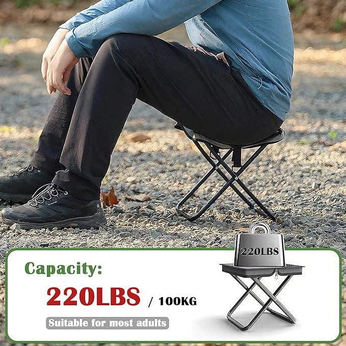 Camping Stool Pocket Chair, Lightweight Portable Stool with Shoulder Strap, Capacity 220lbs for Adults Outdoor Hiking Fishing Travel-Large Grey