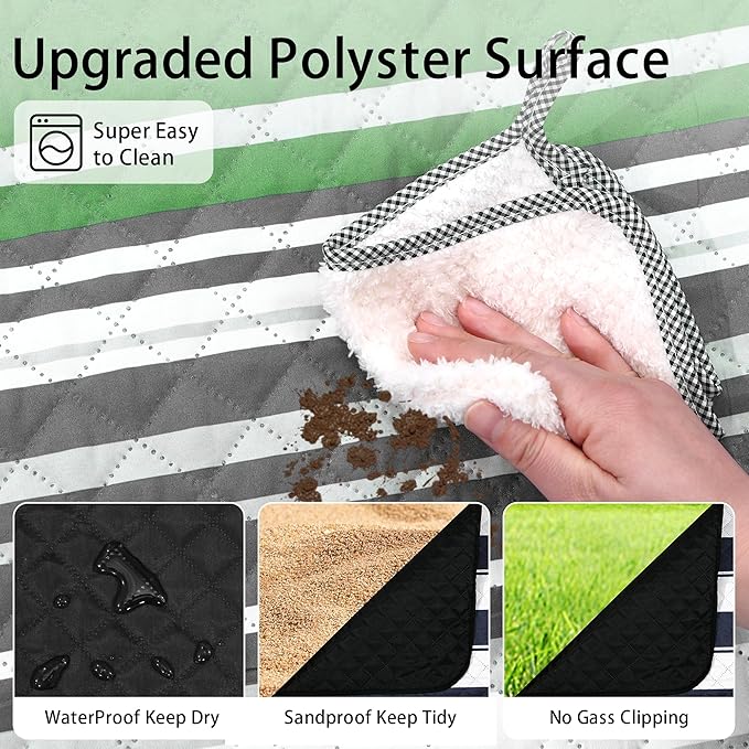 HX&OD Large Picnic Blanket Outdoor 80”x60” Waterproof Picnic Mat Foldable 3-Layer Camping Blanket Portable with Carry Strap Park Blanket for Grass(Green)