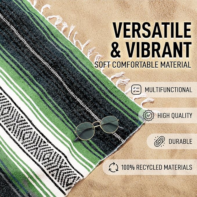 Hydration Nation Authentic Extra Large Mexican Blanket (70"x50") - Handwoven Yoga, Serape- Artisanal Falsa, Beach, Camping, Picnic, Outdoor - Tropical Green