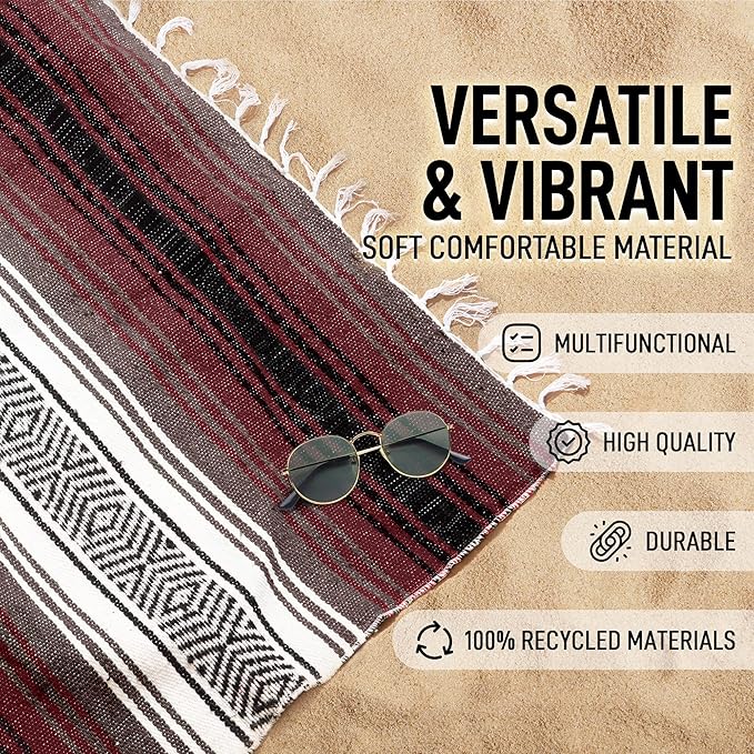 Authentic Large Handwoven Mexican Blanket - Soft Yoga- Durable Serape- Lightweight Falsa, Beach, Camping, Picnic, Outdoor Blanket 70"x50" - Cherry