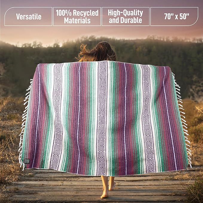 Hydration Nation Authentic Extra Large Mexican Blanket (70"x50") - Handwoven Yoga, Serape- Artisanal Falsa, Beach, Camping, Picnic, Outdoor - Dawn