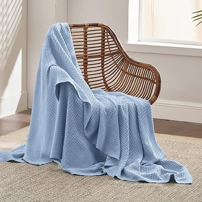 Bedsure Gentlesoft 100% Cotton Large Throw Blanket for Couch 50x70 inches - Breathable and Soft, Waffle Weave Throw Blanket for Office, Sky Blue