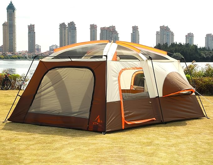 KTT Extra Large Tent 6-10-12-14 Person(Style-B),Family Cabin Tents,2 Rooms,3 Doors and 3 Windows with Mesh,Straight Wall,Waterproof,Double Layer,Big Tent for Outdoor,Picnic,Camping,Family Gathering