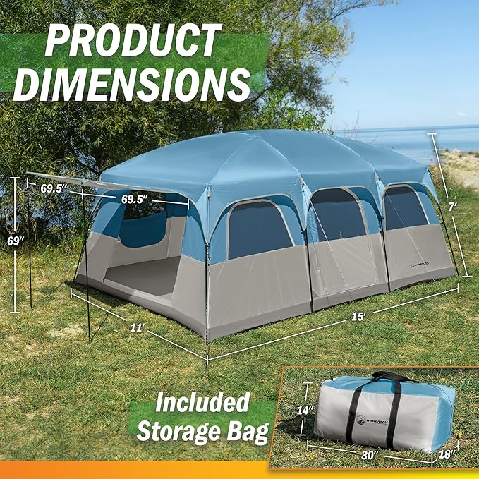 10-12 Person Large Camping Tent – Tall Family Cabin Outdoor Shelter with Room Divider, Mesh Windows, Water-Resistant Rainfly and Carry Bag for Camping and Outdoor Adventures – Wakeman Outdoors