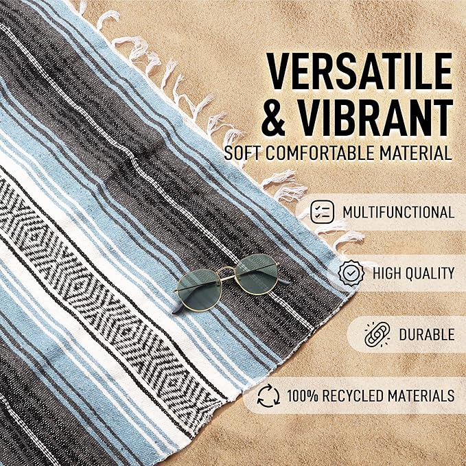 Hydration Nation Authentic Large Handwoven Mexican Blanket - Soft Yoga- Durable Serape- Lightweight Falsa, Beach, Camping, Picnic, Outdoor Blanket 70"x50" - Aqua Sky