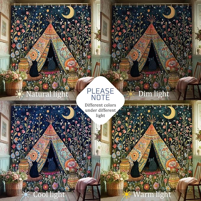 Bohemian Cats Shower Curtain, Colorful Floral Camping Tent Shower Curtain for Bathroom Décor, Summer Nature Inspired Waterproof Fabric Curtain Set with Hooks 72x78 Inch
