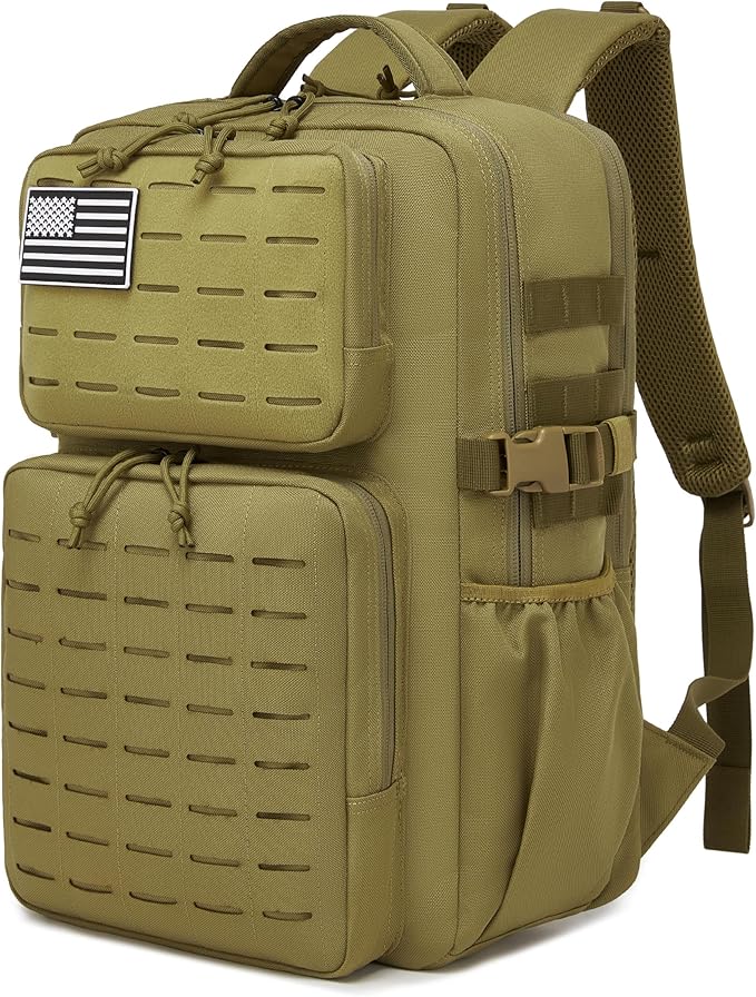 Wotony Military Tactical Backpack for Men Waterproof Daypack 3 Day Assault Pack Laser-Cut MOLLE Webbing Design with Water Bottle Holder Black Small Tactical Assault Bag (Khaki, 25L)