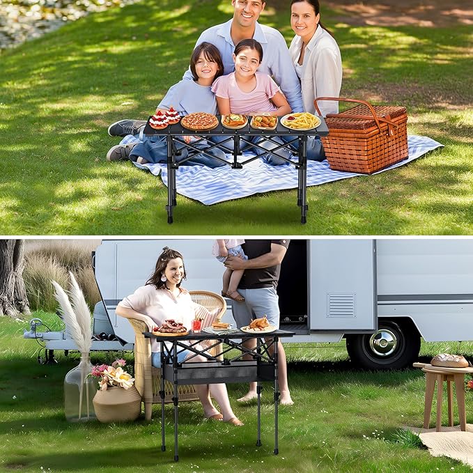 GARLLEN Folding Camping Table, 2 Adjustable Height Portable Roll-up Picnic Table with Storage Net, Lightweight Aluminum Outdoor Table with Carrying Bag for Camping, BBQ, Picnic, 32.2" L x 15.7" W