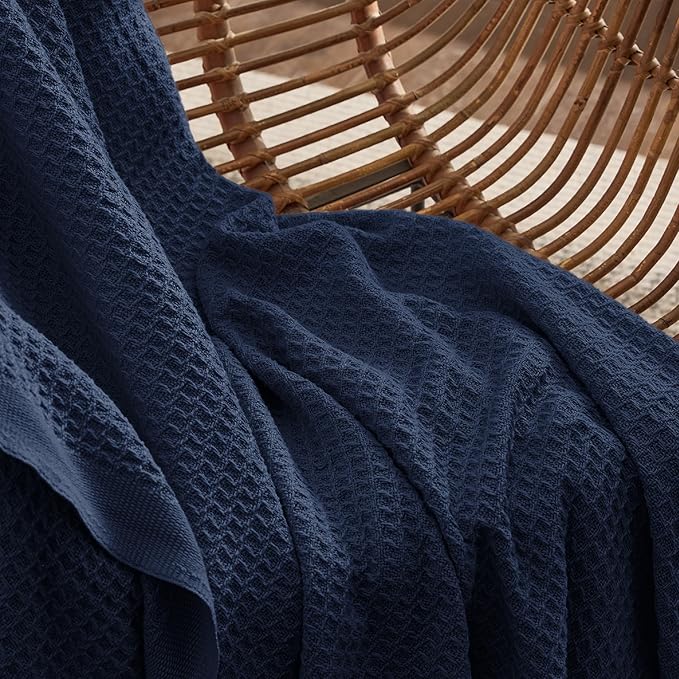 Bedsure Gentlesoft 100% Cotton Blanket Queen Size for Bed - Breathable and Soft, Waffle Weave Blanket for Summer, Thick Cozy Fall Blankets for Women Gift, Pageant Blue, 90x90 Inches