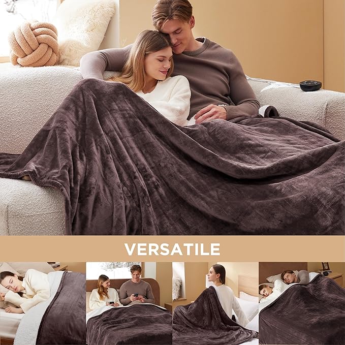 Bedsure Electric Blanket Queen Size - Dual Control Heated Blanket Queen, Fast Heating with 10 Time Settings & 10 Heat Settings, Warm Gift for Grandma (84x90 inches, Brown)