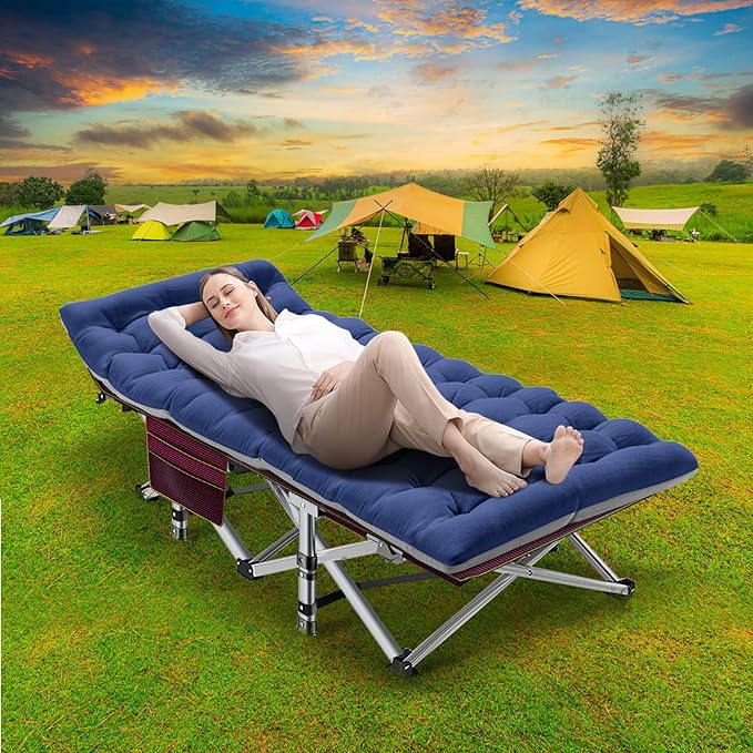 NAIZEA Folding Camping Cots for Adults, Portable Cot with Mattress Heavy Duty Outdoor Bed with Carry Bag 1200d Oxford Cloth Sleeping Cots for Camping Office Nap Home Guest Beach Travel