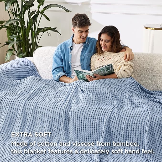 Bedsure Cooling Cotton Waffle Oversized King Blanket - Lightweight Breathable Rayon Derived from Bamboo for Hot Sleepers, Luxury Throws for Bed and Sofa, Sky Blue, 120x96 Inches