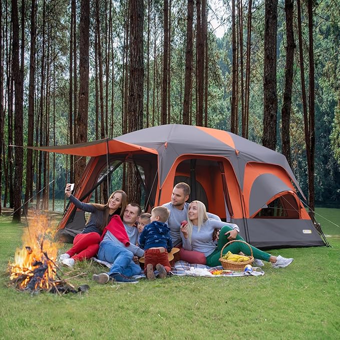 8–10-12 Person Camping Tent, 2 Room Family Tent with Zippered Divider, Porch, Rainfly, Extra Large Waterproof Cabin Tent with 3 Mesh Doors & Windows, Easy Setup 7.1 ft Tall Tent for Outdoor Camping