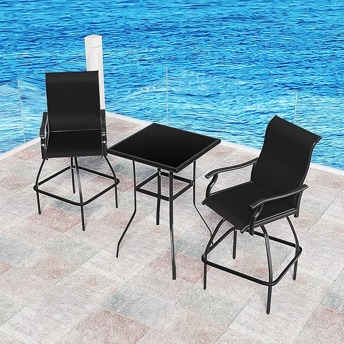 LEVELEVE Patio Bar Set 2pcs Swivel Bar Stools Outdoor Bistro Textilene Furniture Stability All-Weather Set (3, Black Padded)