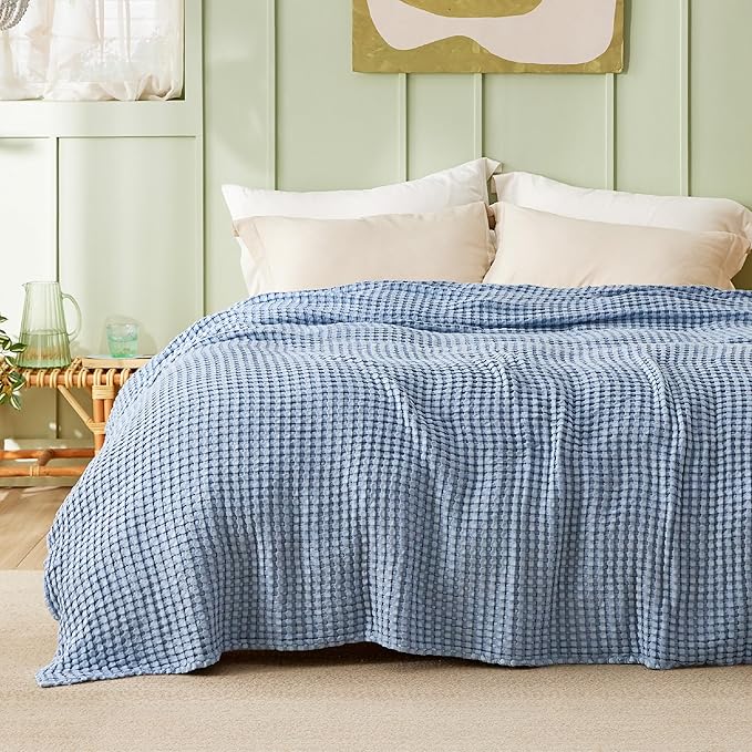 Bedsure Cooling Cotton Waffle Full Size Blanket - Lightweight Breathable Blanket of Rayon Derived from Bamboo for Hot Sleepers, Luxury Throws for Bed, Couch and Sofa, Fog Blue, 80x90 Inches