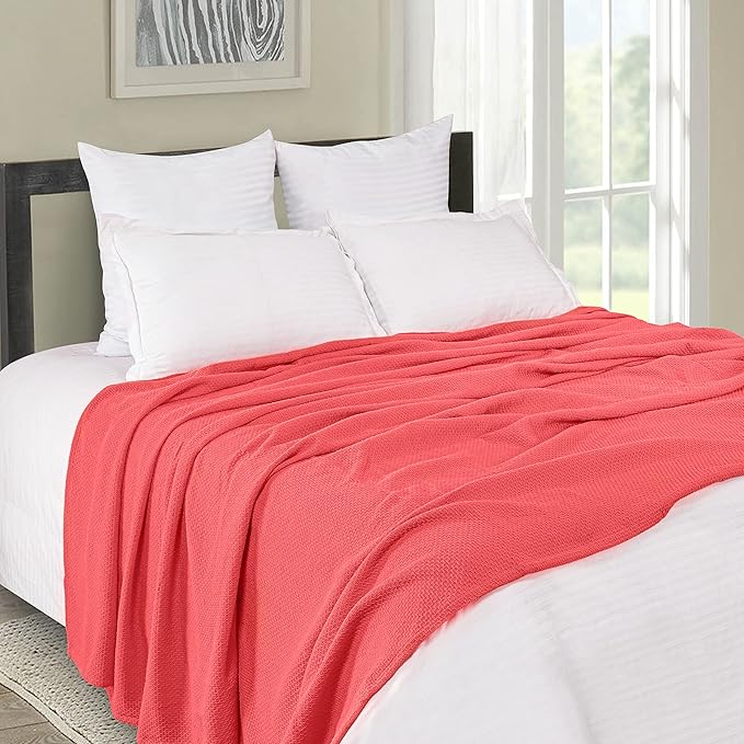 BOUTIQUO 100% Cotton Bed Blanket, Breathable Thermal Blanket King Size, Soft Honeycomb Waffle Blanket 90"x102", Cotton Bed Blanket, Perfect for Layering Any Bed for All Season, Coral