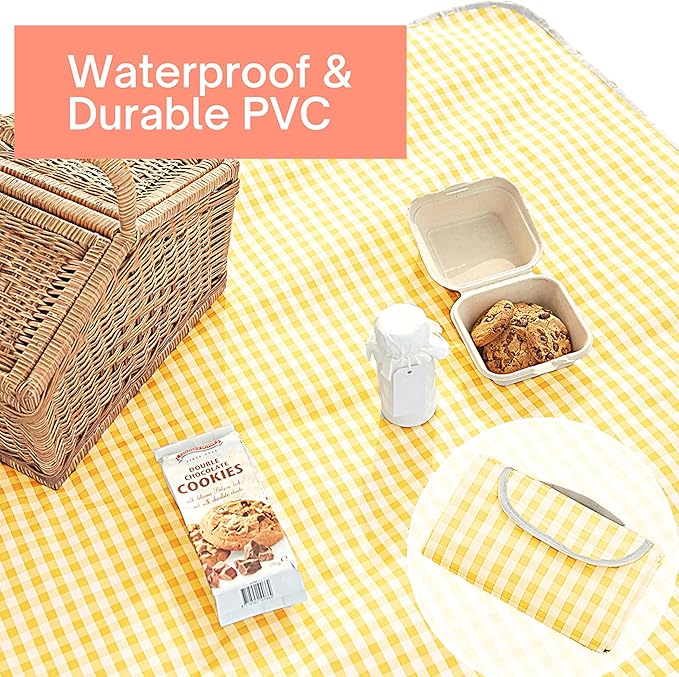 Cute Gingham Picnic Blanket, Waterproof Foldable, in Large 80x60in and Extra Large 80x80in, Portable Compact Beach Blanket, Oversized XL Outdoor Mat (Yellow, X-Large)