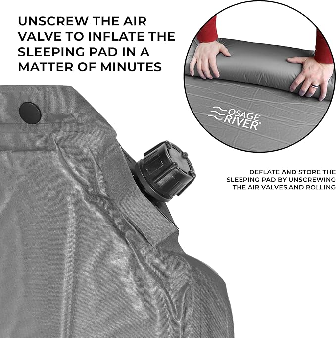 OSAGE RIVER Self Inflating Sleeping Pad with Built-in Pillow, Compact Memory Foam Sleep Mat, Camping Air Mattress for Tent, Travel, Backpacking, or Hiking, Grey