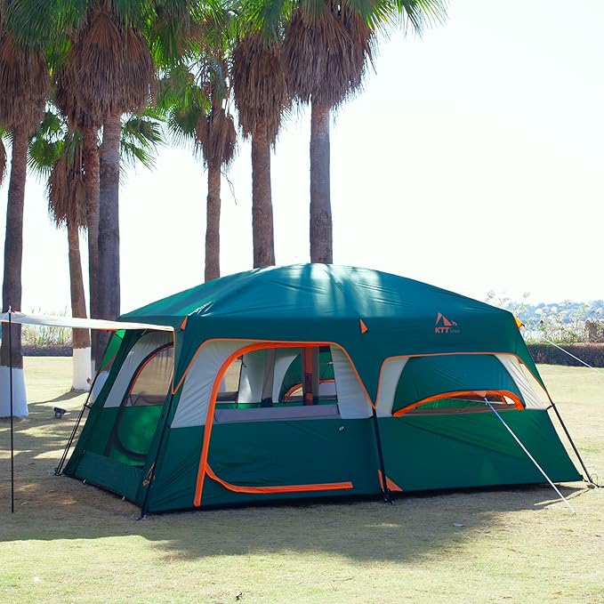 KTT Extra Large Tent 10-12-14 Person(A),Family Cabin Tents,2 Rooms,3 Doors and 3 Windows with Mesh,Straight Wall,Waterproof,Double Layer,Big Tent for Outdoor,Picnic,Camping,Family Gathering