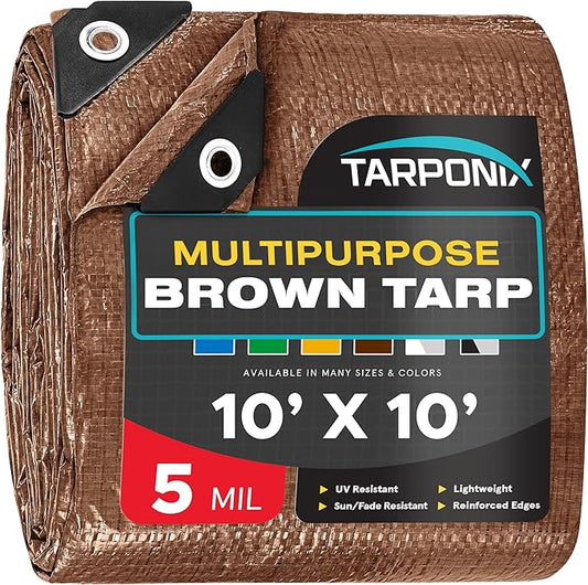 Brown Poly Tarp 10’ x 10’ – Lightweight 5 Mil Waterproof Cover – Durable, Weatherproof, Multipurpose Protection for Camping, Roofing, Construction