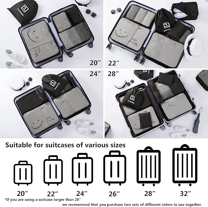 tianzong 7-piece Set Packing Cubes, Travel Bags for Luggage, Packing Organizers with Shoe Bag (Black)