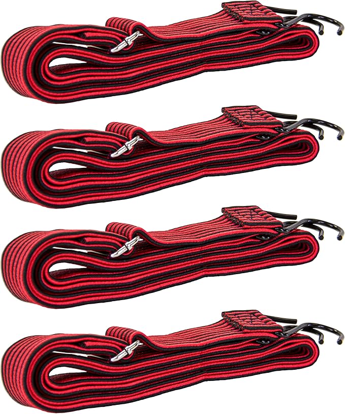 dbest products Trolley Dolly High-Tension Power Adjustable 63' Flat Bungee Cord 4 Pack with Hooks and Buckle Heavy Duty Elastic Strap Max Stretch Tie Downs Moving Outdoor