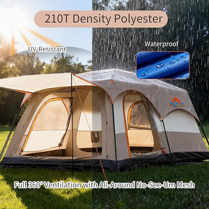 Large Family Standing Upright Camping Tent - 5-12 Persons Multi-Room Waterproof Tent with Screened Porch - Glamping Tent for Outdoor Camping & Family Vacation